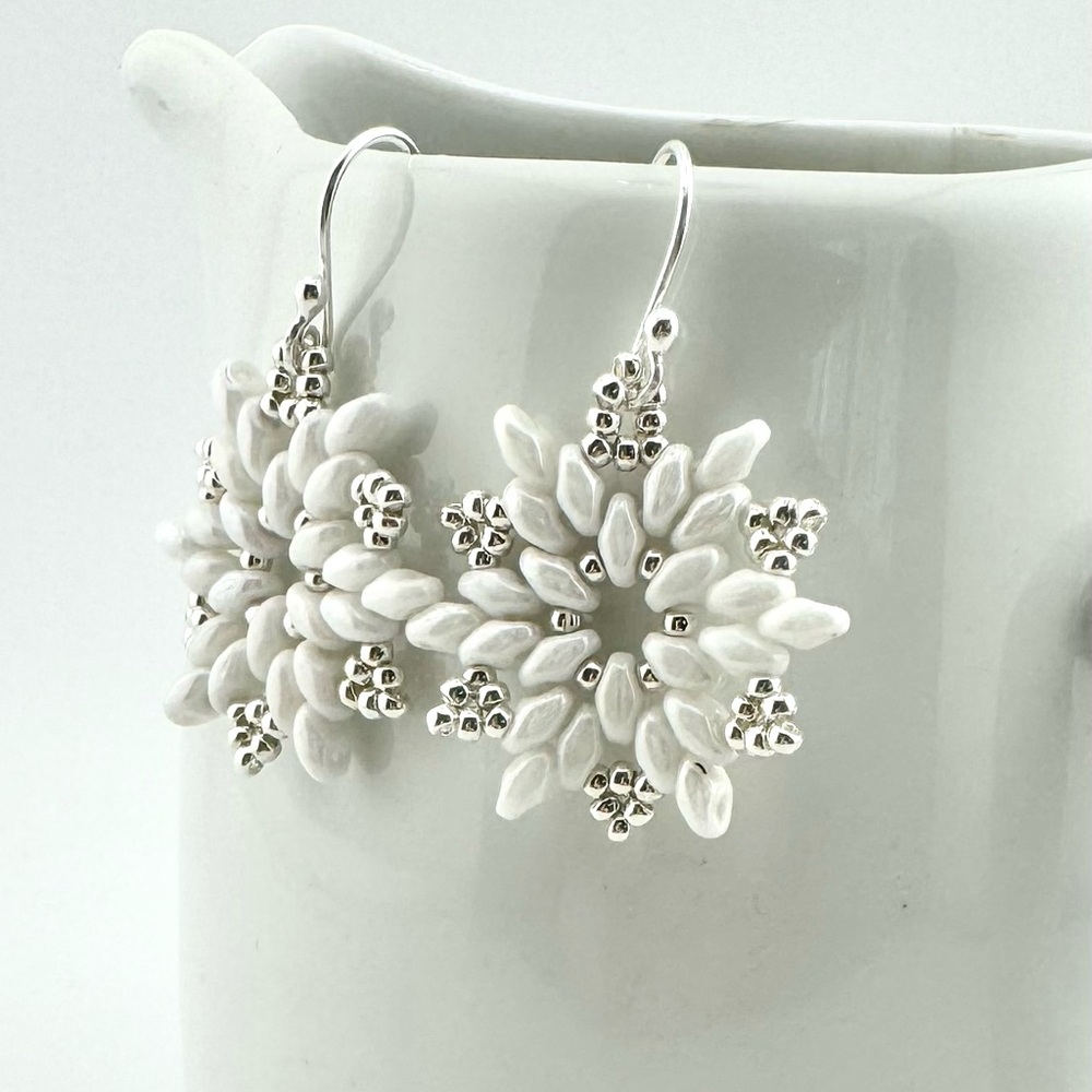 Sterling Silver and White Snowflake Earrings, Beaded Christmas Earrings